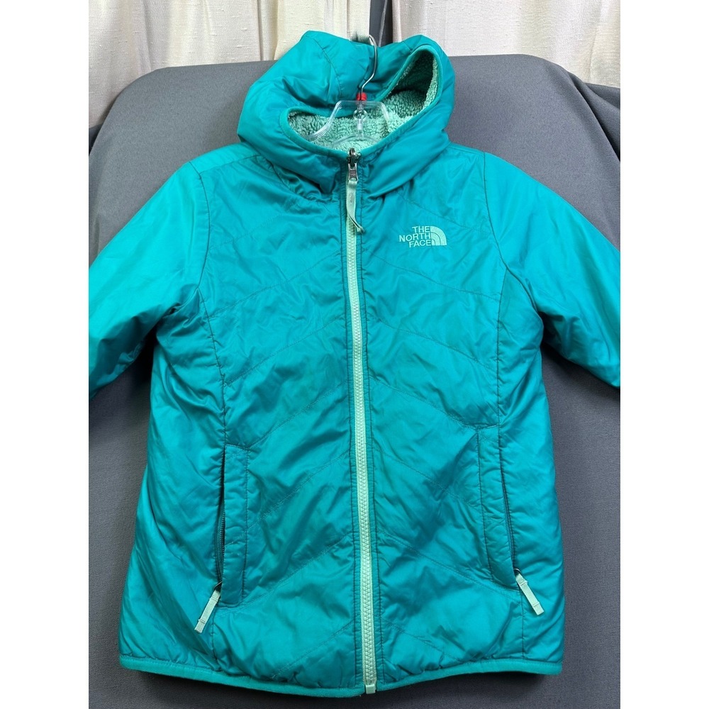 The North Face Girls Teal Green Hooded Fleece Lined Quilted Puffer Jacket Medium